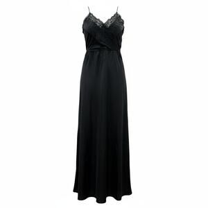 Vintage Private Treasures Black Lace Trim Slip Nightgown Size Medium 1970s